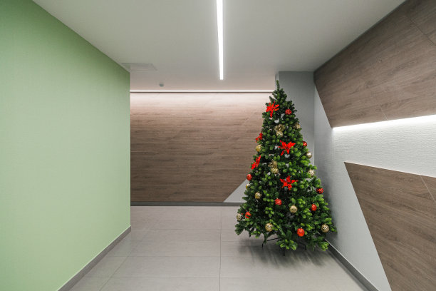 在空荡荡的办公室里装饰圣诞树，创造性地庆祝圣诞快乐和新年快乐。为圣诞节装饰的空办公室内部。图片下载