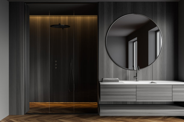 灰色和木制浴室，水槽和淋浴图片下载