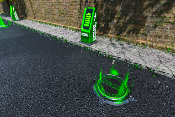 3d渲染停车场电动汽车无线充电站白天场景。图片下载