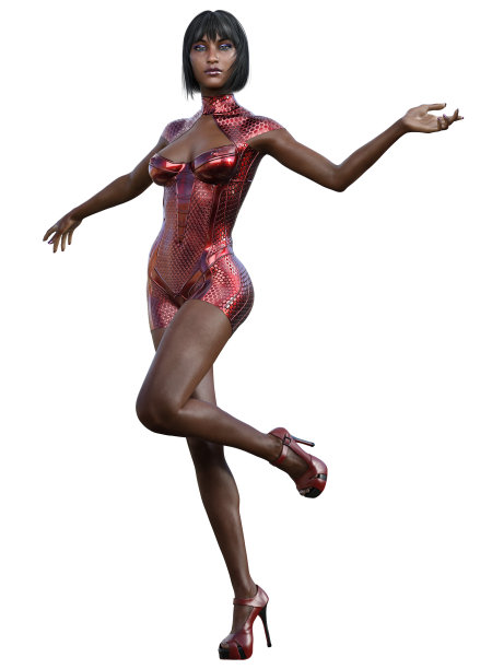 未来派的年轻女子穿着红色金属色的裙子跳舞图片下载