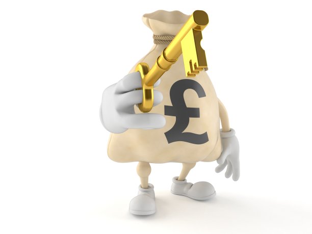 磅钱袋人物握着门钥匙图片下载