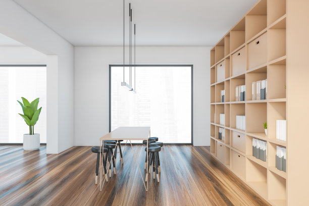 白色和木制的房间，椅子和书书架，拼花地板图片下载