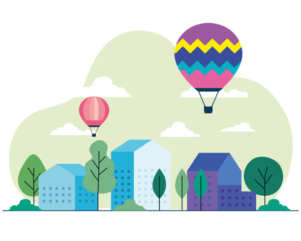 城市的房子有热气球、树和云图片下载