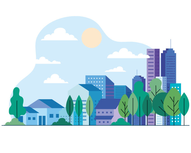 城市的建筑和房子有树，阳光和图片下载