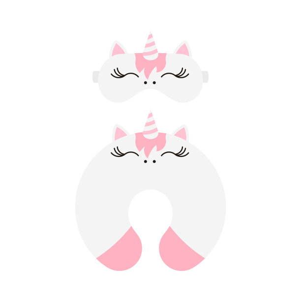 可爱的独角兽睡眠面具和旅行枕头图标集图片下载