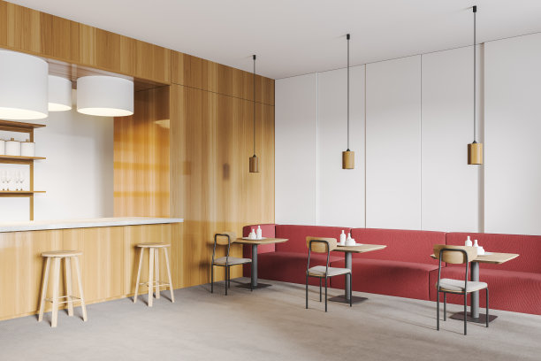 木制咖啡馆，吧台，红色沙发，椅子和灯图片下载