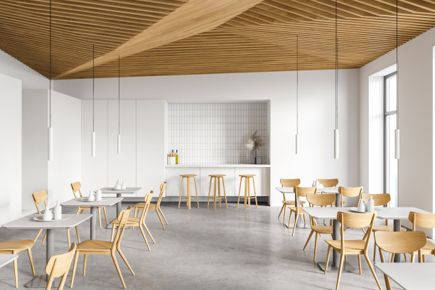 现代白色咖啡室内吧台和桌子图片下载