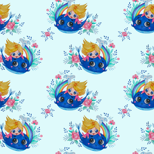 无缝模式。可爱的公主骑着蓝鲸游泳，上面有彩虹和花朵，背景是浅蓝色的花卉图案。水彩。儿童手绘收藏品图片下载