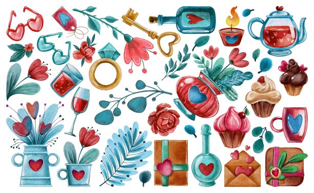 超大包水彩蓝绿色情人节爱婚礼Se。手绘水彩画剪贴艺术，可爱的装饰和象征。完美的装饰邀请，海报和包装。图片下载