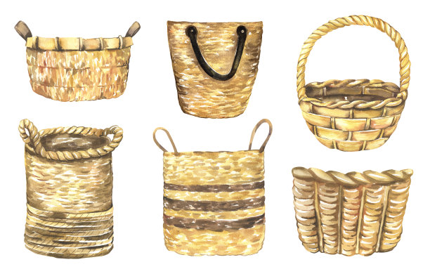 水彩插图-柳条篮子收集为婚礼文具，问候，壁纸，背景。玫瑰,绿叶图片下载