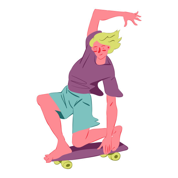 滑板家伙平面矢量插图。男人踩着滑板，摇摆着，问候着。用于传单，横幅，包装货物，贴纸。白色背景上的孤立字符。图片下载