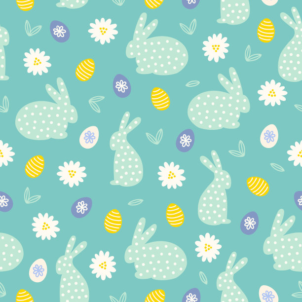 复活节无缝图案有兔、洋甘菊、蛋、叶图片下载