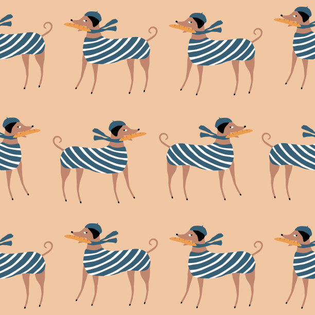 穿着蓝色贝雷帽和条纹背心的意大利灰狗。有趣的狗无缝模式。图片下载