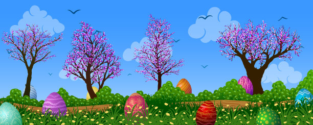 矢量插图。路与复活节彩蛋的背景草地，盛开的树木和鲜花图片下载