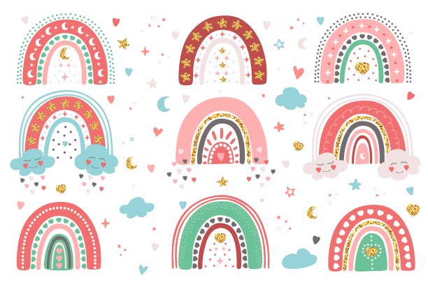 手绘一套不同的彩虹与心，云，星星，月亮。可爱的粉彩系列孤立在白色背景。可爱的矢量涂鸦插画生日，情人节，婴儿房图片下载