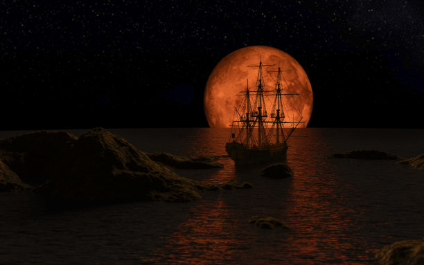 满月时的帆船图片下载