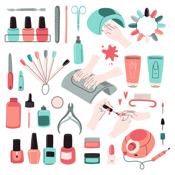 修指甲的工具套件。配件、成套设备:指甲油、锉刀、剪刀、护手霜、电钻、UV灯、角质层钳等。专业工作室、美容院。画矢量图图片下载