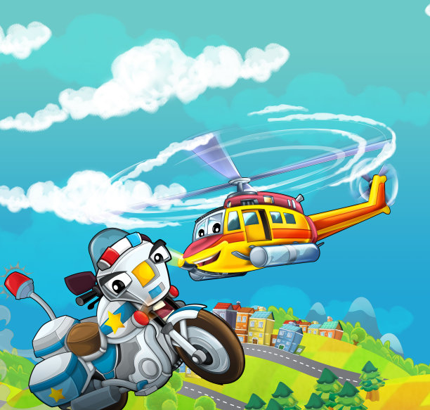 卡通场景与直升机飞行在城市-插图图片下载