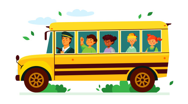 儿童校车-彩色平面设计风格插图图片下载