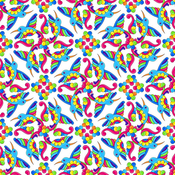 墨西哥塔拉维拉无缝模式与热带蜂鸟。传统装饰对象。图片下载