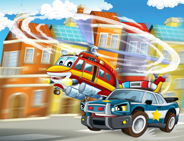 卡通场景与直升机飞行在城市-插图图片下载