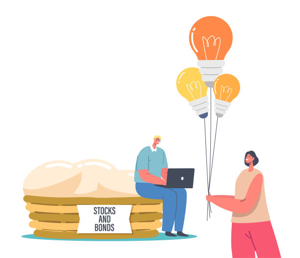 微型男性人物与笔记本电脑坐在一个巨大的篮子上，上面有鸡蛋和铭文股票和债券，女人与一束灯泡图片下载