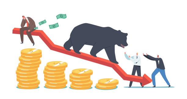 商业投资者试图阻止贝尔下跌与下降箭头图表。股市危机，疫情引发恐慌图片下载