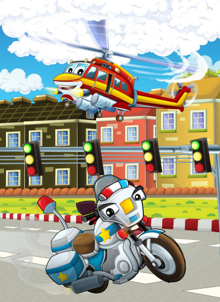 卡通场景与直升机飞行在城市-插图图片下载