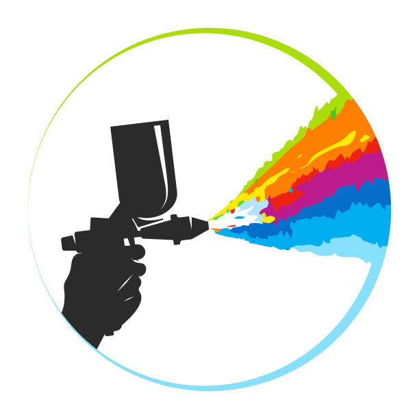 喷枪和彩色油漆飞溅符号图片下载