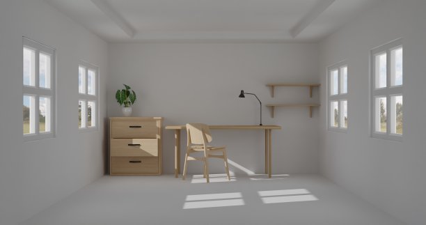 3d渲染室内房间。最小的风格设计。工作的书桌上。家庭室内设计。为网站，墙纸和模型的模板。图片下载