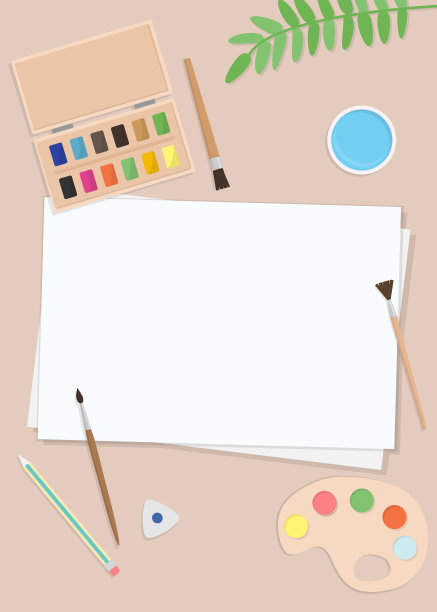 矢量插图与纸，笔刷和调色板。平面卡通风格，俯视图。图片下载