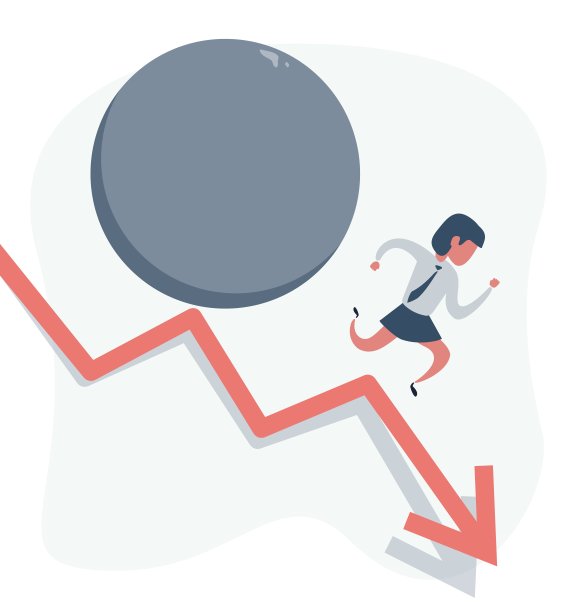 金融危机的概念，女商人对红箭。一个女人骑着箭跑下来，后面跟着一块大石头在她身后滚动图片下载