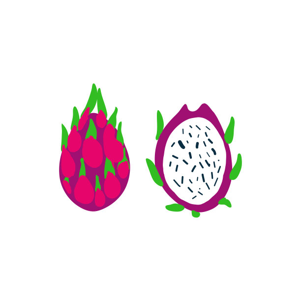 装饰火龙果矢量，卡通平面插图火龙果全果和半果，异国情调的植物，彩色标志素食食品，杂货店产品隔离上白色为设计化妆品，有机商店图片下载