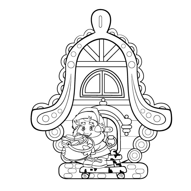 素描，一个侏儒拿着一个装满金币的大罐子站在房子的门阶上，彩色书，卡通插图，白色背景上的孤立物体，矢量插图，图片下载