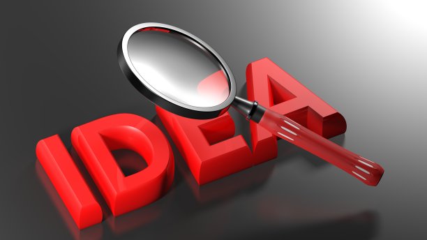 IDEA红色写在黑色的表面上，用放大镜在上面- 3D渲染插图图片下载