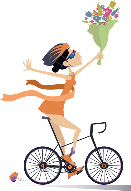 卡通女子骑着自行车赢得了比赛图片下载