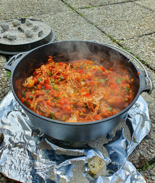 从荷兰烤炉中取出的鸡肉，配上大量的蔬菜和红酱。图片下载