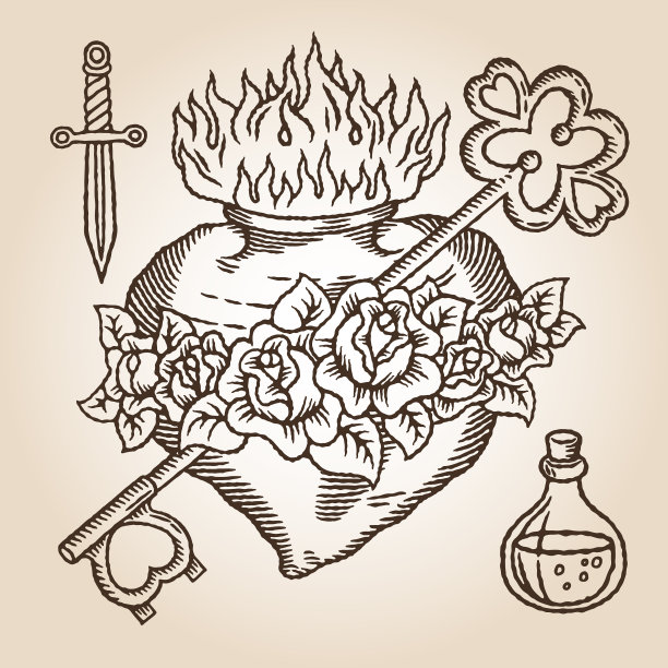 老学校纹身标志与心玫瑰的关键图片下载