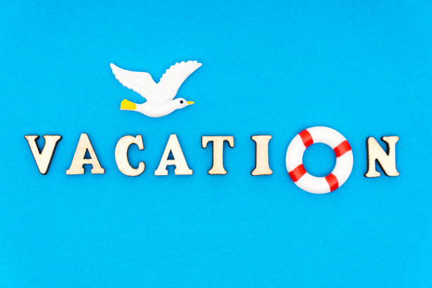 暑假背景:木制字母、玩具海鸥和蓝色背景上的救生圈图片下载