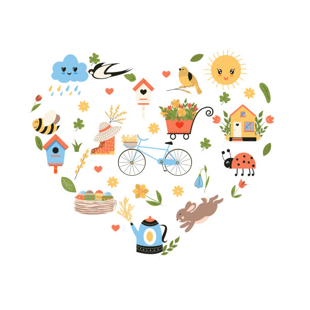 复活节弹簧组。收集可爱的动物，鸟类和昆虫，盛开的鲜花和花卉装饰，自行车鲜艳的彩色矢量插图在平面卡通风格。图片下载