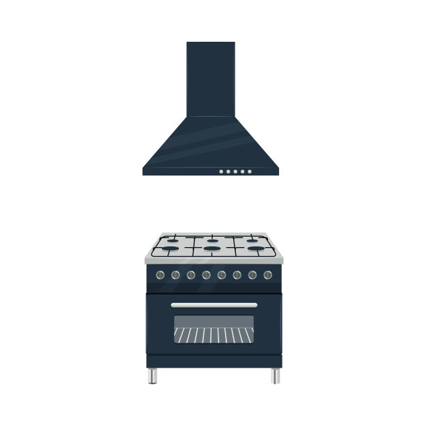 黑色煤气炉和抽油烟机罩炊具平面矢量插图孤立在白色背景上图片下载