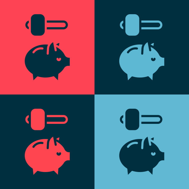 波普艺术小猪储蓄罐和锤子图标孤立上图片下载