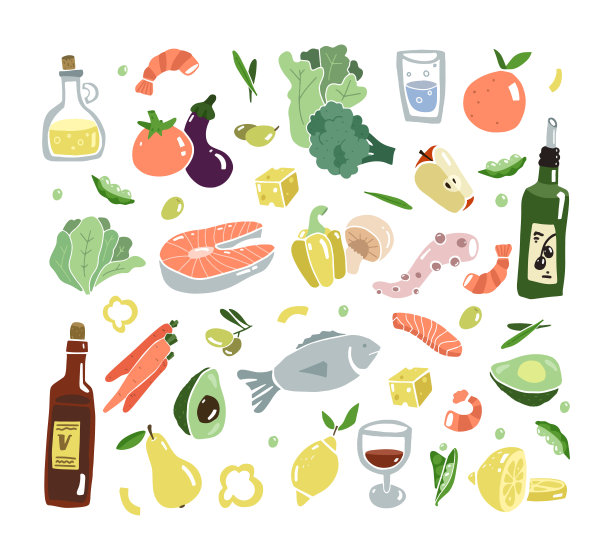 地中海式餐具。南欧罗巴的饮食。Mediterranen健康的生活方式。海鲜和蔬菜。平面设计食物元素。矢量插图。图片下载
