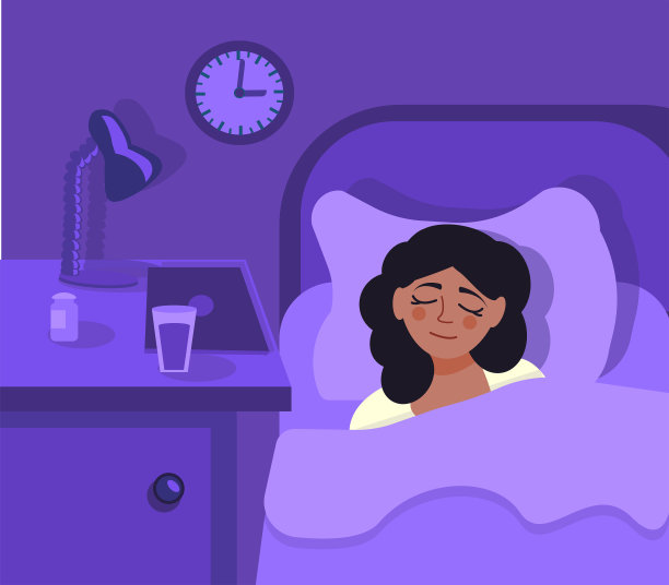 黑皮肤的女孩正在她的卧室里安静地睡觉。黑暗中，一个非洲裔美国女孩在床上甜蜜地打盹。卧室的放松概念。矢量插图。卡通风格。图片下载