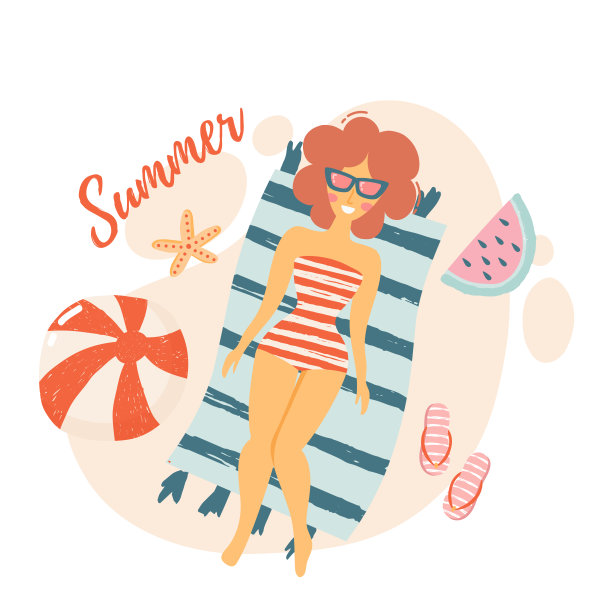 女孩躺在海边度假胜地的海滩上放松。沙滩可爱的元素图片下载
