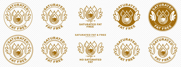 产品包装的概念。标签-不含饱和脂肪。邮票与翅膀和大胆的饱和脂肪下降-象征自由的成分。向量集。图片下载