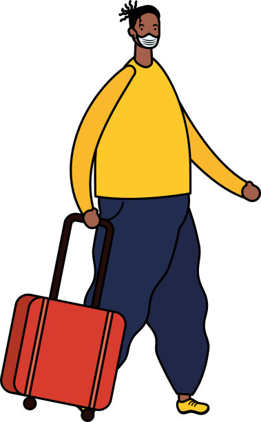 戴医用口罩带行李箱的非洲裔年轻人图片下载