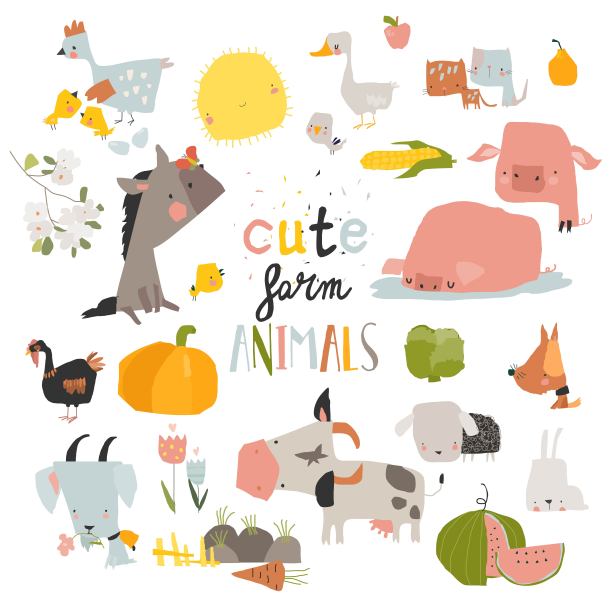 可爱的农场动物设置在白色的背景图片下载