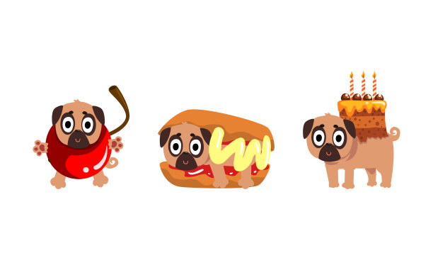 可爱有趣的哈巴狗角色作为快餐成分向量集图片下载