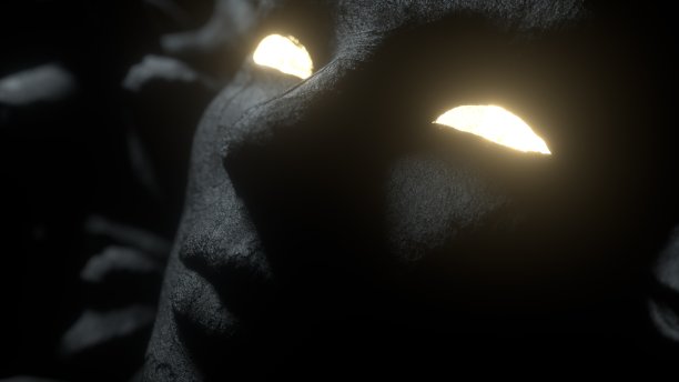 古色古香的石头女性头像雕塑孤立在黑色的背景上。美杜莎女神的古代雕塑。睁开发光的眼睛，用明亮的灯光照亮。特写镜头，景深。三维渲染图片下载